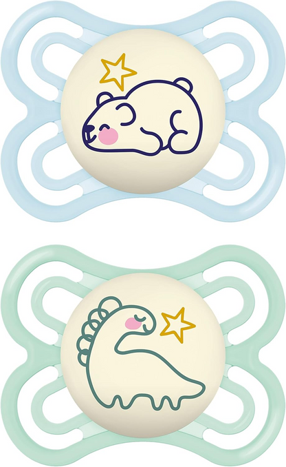 MAM Perfect Night orthodontic pacifiers glowing in the dark