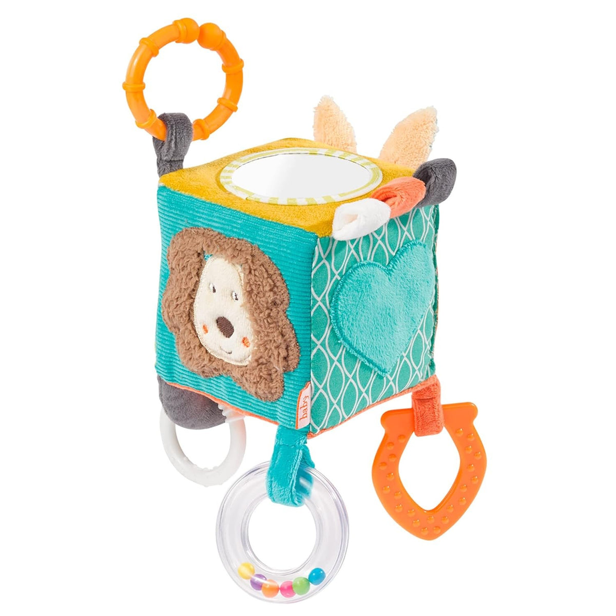 FEHN Activity Cube plyšová závěsná kostka s chrastítkem 10 × 10 cm