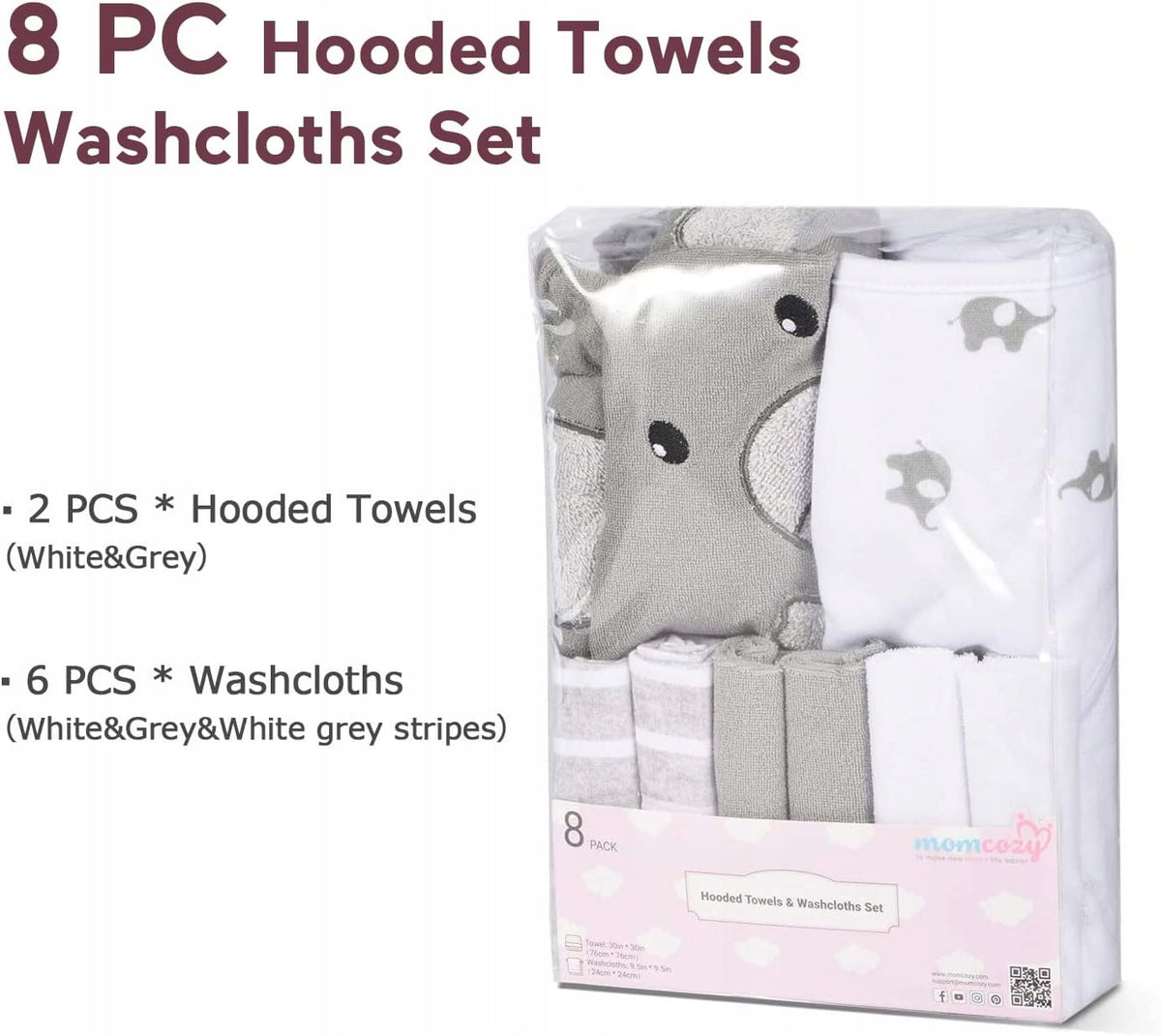 MOMCOZY hooded towels x2 76x76 + 6 24x24 washcloths