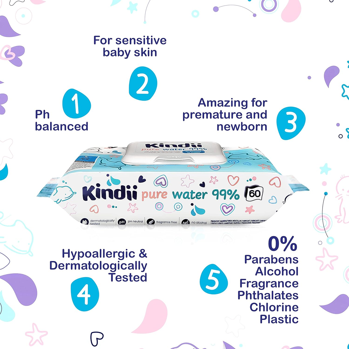 KINDII Pure Water 99 vlhčené ubrousky s vodou x60