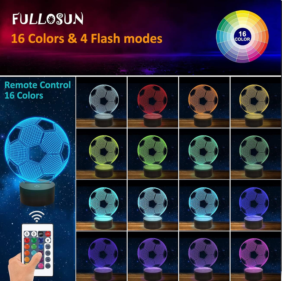 FULLOSUN 3D nočné svetlo + diaľkové ovládanie Futbal 16 farieb