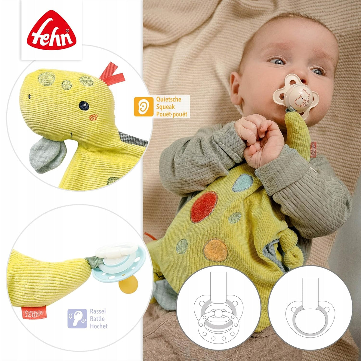 FEHN Happy Dino komfortní mazlík DINOSAURUS 30 cm držák na dudlík
