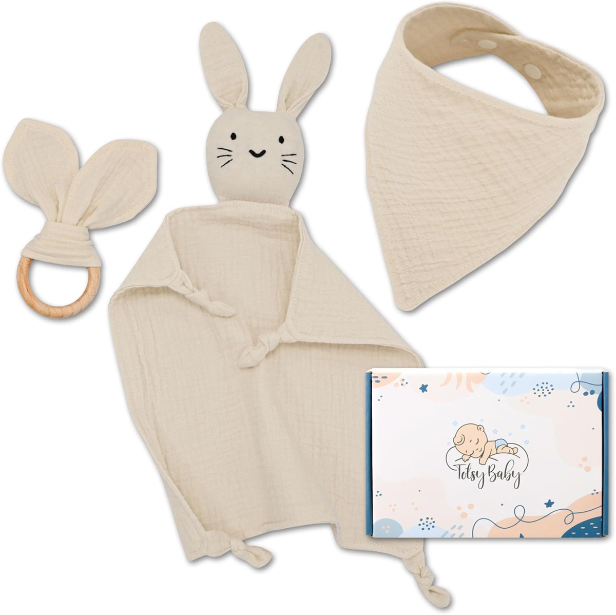 TOTSY BABY μουσελίνα πανάκι παρηγοριάς και σαλιάρα, ξύλινο μασητικό 27x27 εκ. ΚΟΥΝΕΛΑΚΙ