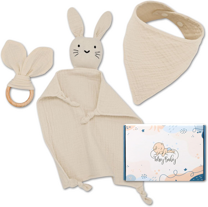 TOTSY BABY μουσελίνα πανάκι παρηγοριάς και σαλιάρα, ξύλινο μασητικό 27x27 εκ. ΚΟΥΝΕΛΑΚΙ