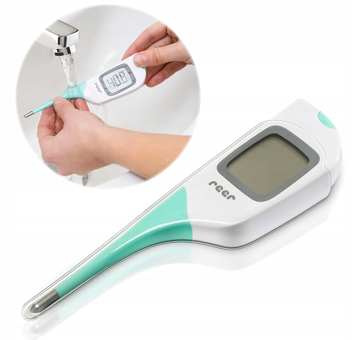 REER ColourTempelectronic thermometer + caseage 0 +colour white and greenwidth 3.4 cm, length 13.7 cmbattery 1
