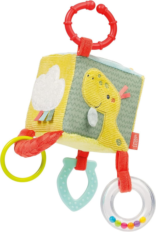 FEHN Happy Dino pluszowa zawieszka kostka z grzechotką 10 x 10 cm – nowy – zdjęcie 1