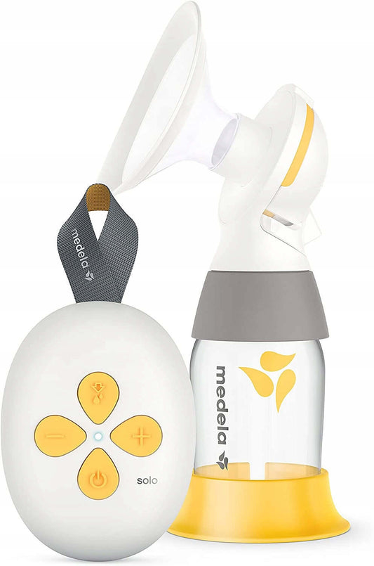 MEDELA SOLO laktator elektryczny 2-fazowy USB, pojedynczy, biało-żółty, z akumulatorem i lejkiem PersonalFit Flex