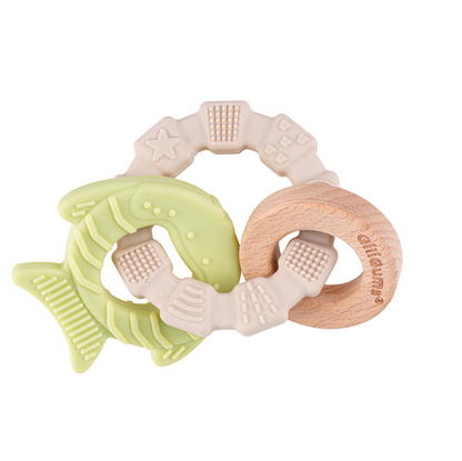 GILIGUMS massaggiagengive in silicone e legno 6,5 x 9 cm 0+ PESCE