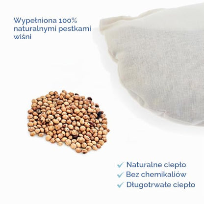 Jasny materiałowy wkład i pestki wiśni przedstawione obok napisów na grafice.