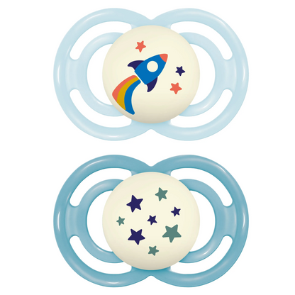 MAM Perfect Night orthodontic pacifiers glowing in the dark