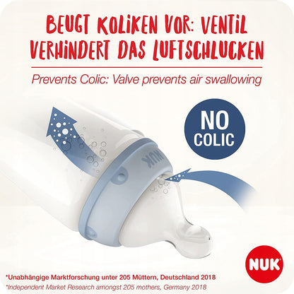 NUK No Colic zestaw butelek 3x 300 ml 0-6 z systemem przeciw kolkom i zaworkiem zapobiegającym połykaniu powietrza